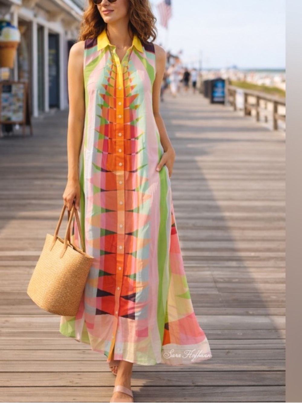 Sara Hoffman Art Print Button Front Maxi Dress Pockets Side Slits Resort Size S